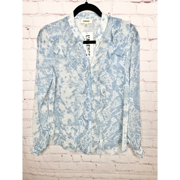 L'AGENCE Tops - L'Agence Blue Pattern Ruffle Nadine Long Sleeve Blouse Womens XS